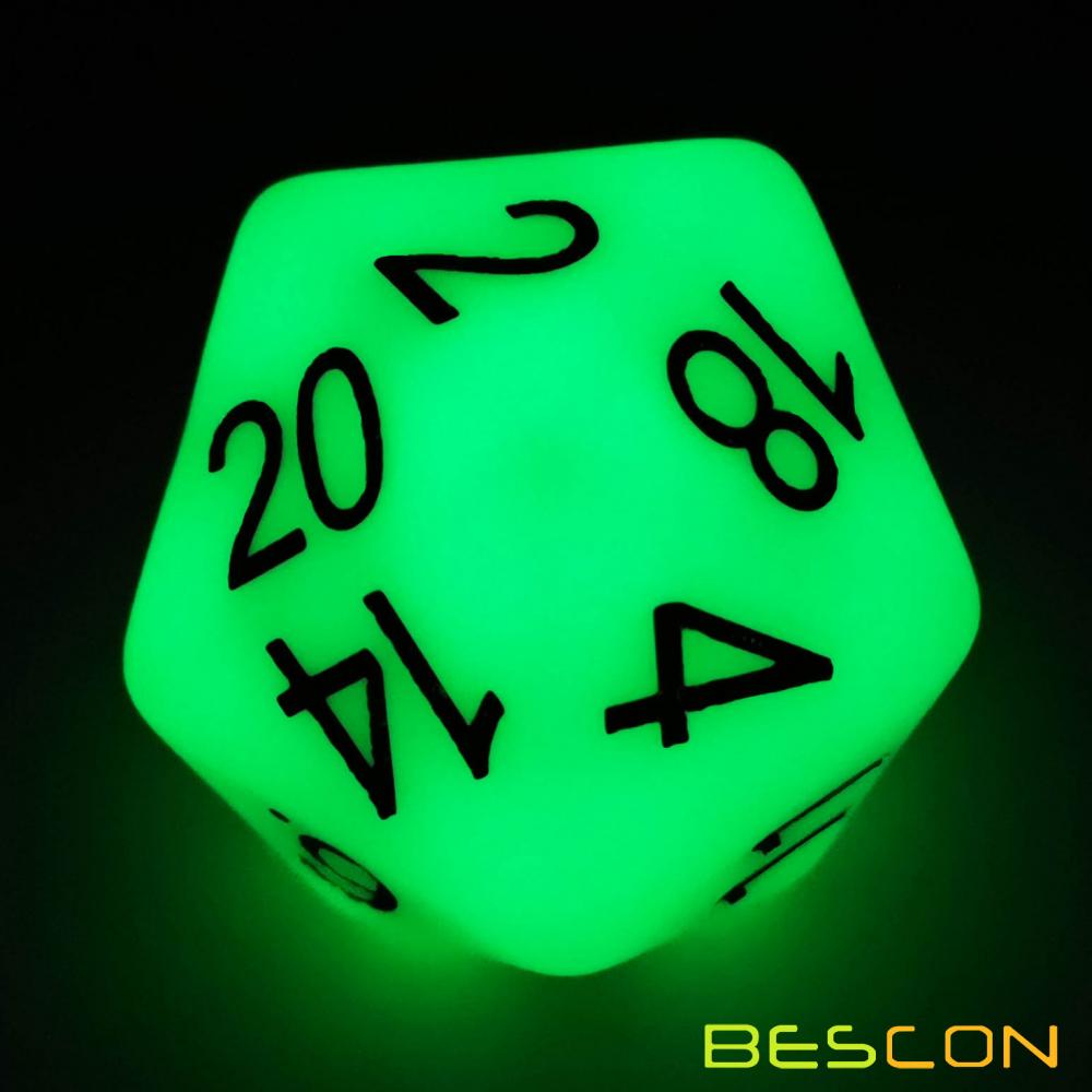 Bescon Jumbo Glowing D20 38MM, Big Size 20 Sides Dice Jade Glow In Dark, Big 20 Faces Cube 1.5 inch