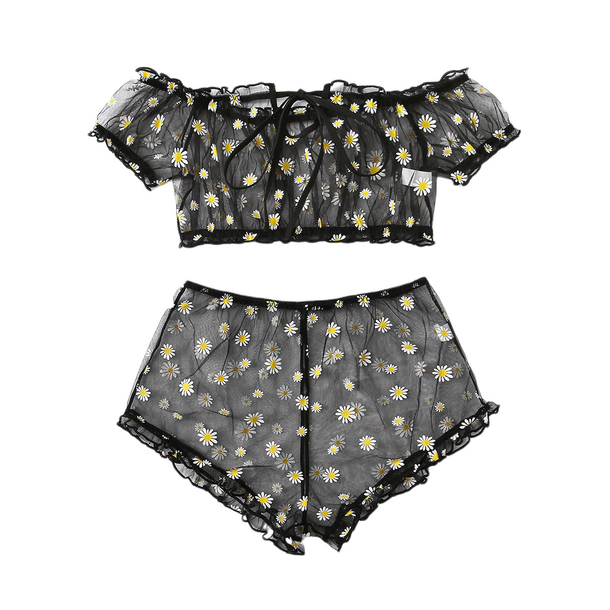 Women Lingerie Suit Sexy Sheer Mesh Floral Off-Shoulder Crop Top+Daisy Shorts 2Pcs Underwear Sets Sleepwear