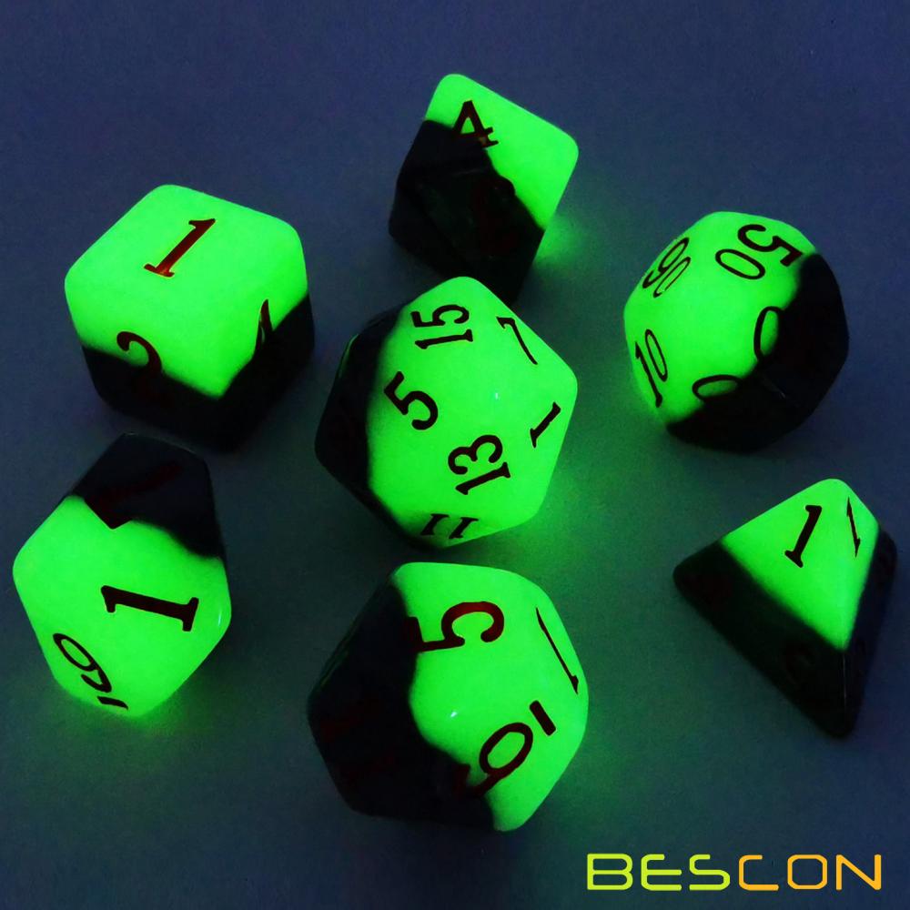 Bescon Two-tone Glowing Polyhedral Dice 7pcs Set Green Dawn, Luminous RPG Dice Set d4 d6 d8 d10 d12 d20 d%, Brick Box Packaging