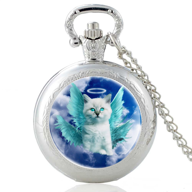 Silver Sky Angel Cat Classic Quartz Pocket Watch Clock Chain Pendants For Women Female 2021 Trend Jewelry Gifts