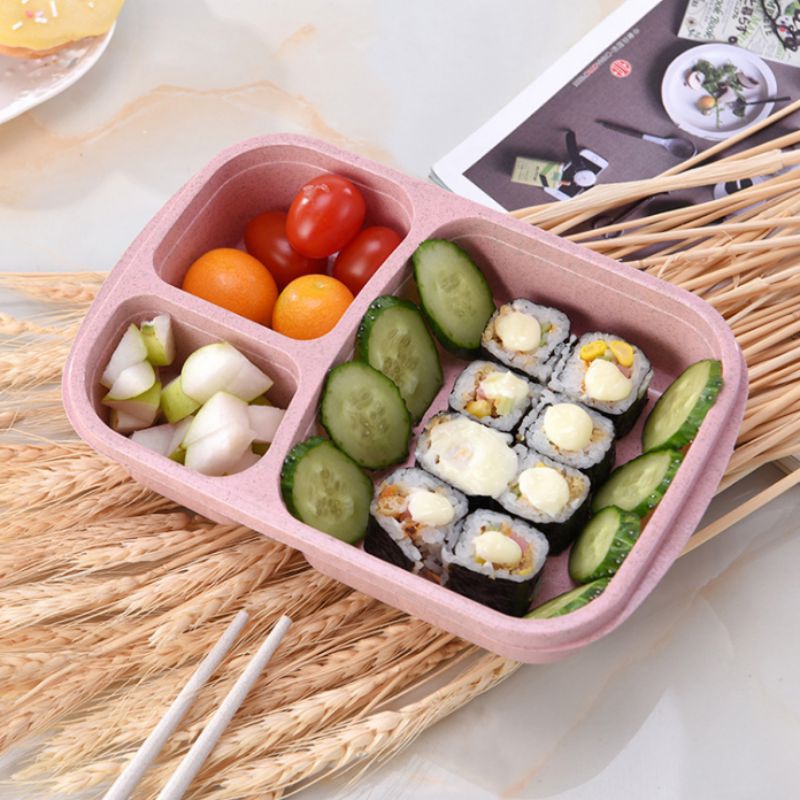 CH- 3 Grid Lunch Wheat Straw Box With Lid Microwave Food Box Biodegradable Storage Container Dinnerware