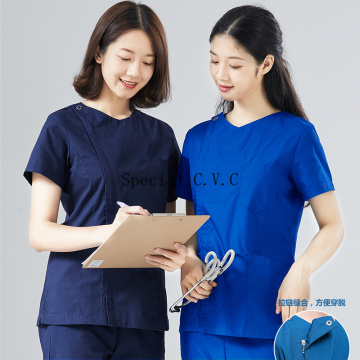 Women Nurse Uniforms Cotton Round Collar Scrub Top Short Sleeve Zipper Hospital Coat Elastic Scrub Pants Drawstring Nursing Coat