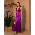 Angel-fashions Plunge V Neck Beading Backless A-line Satin Prom Dresses Purple 559