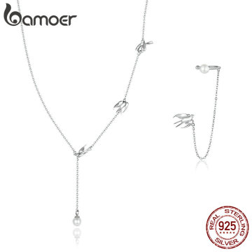 bamoer Genuine 925 Sterling Silver Flying Swallow Long Chain Clip Earrings and Necklaces Jewelry Sets for Women 2020 New ZHS204