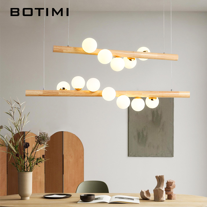 BOTIMI Dining LED Pendant Light For Living Room Glass Balls Wooden Pendant Lamp Bar Long Table Hanging Loft Lighting Fixtures