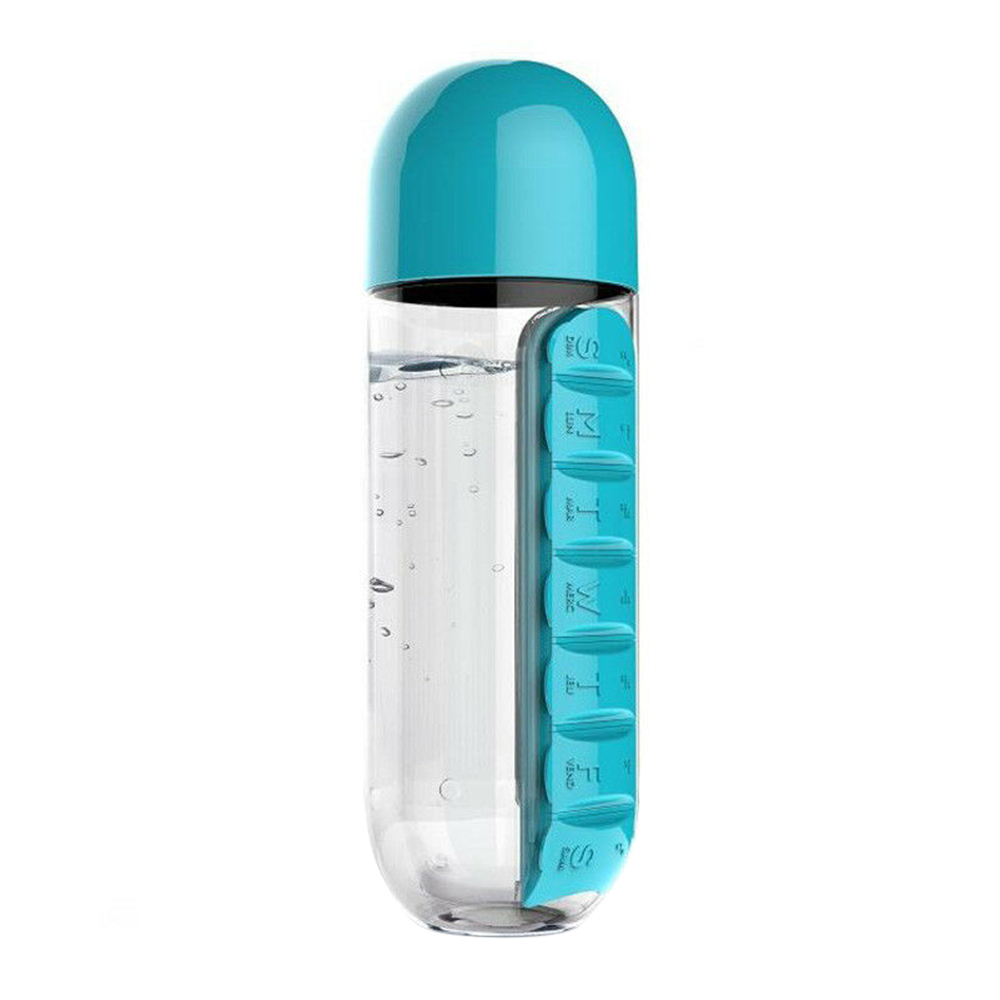 Portable 2 in 1 Water Bottle Pill Box Outdoor Travel Water Bottle Medicine Cup Plastic Bottles 5 Colors 600ML