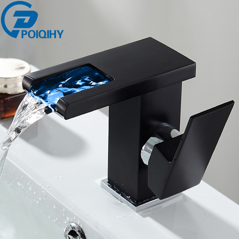 POIQIHY LED Waterfall Bathroom Basin Faucet Single Handle Cold Hot Water Mixer Sink Tap RGB Color Change Powered by Water Flow