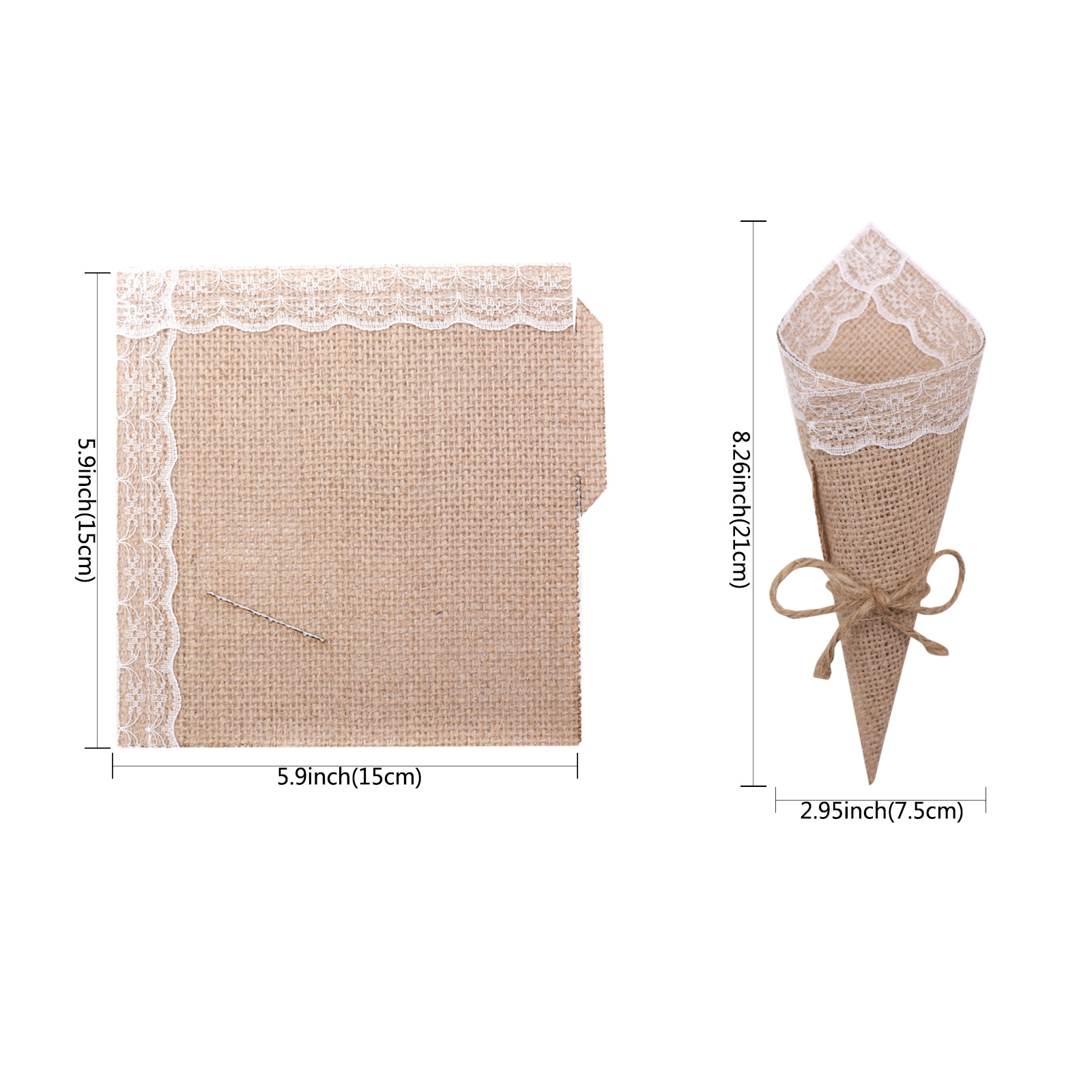 Creative Burlap Lace Cone Bouquet 10pcs DIY Handmade Flower Packaging Box +3M Linen Rope for Wedding Birthday Party Decoration