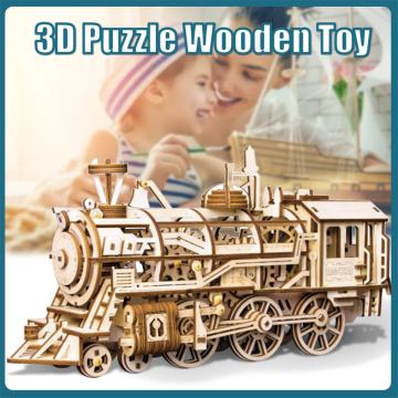 DIY Movable Locomotive by Clockwork 3D Wooden Model Building Kits Assembly Toys Gift for Children