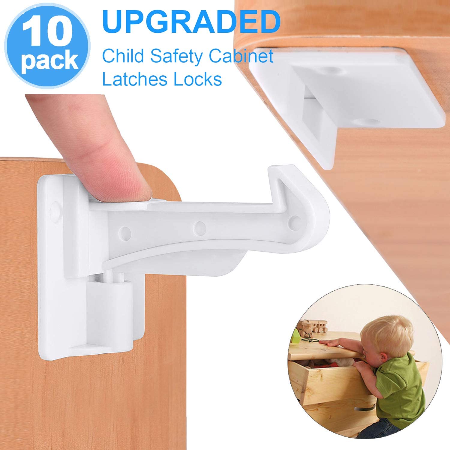 Invisible Spring No Drill Child Proof Latches, Baby Safety Locks, for Kitchen Cabinets & Drawers with Strong Adhesive 10 Pack