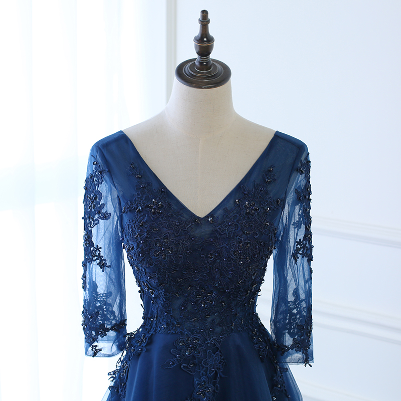 Hot Long Evening Dress Dark Blue Lace Embroidery 3/4 Sleeved Banquet Mother Of The Bride Dresses Robe De Soiree