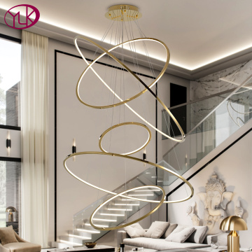 Modern gold led chandelier for staircase large ring stainless steel light fixture brief villa hall lobby decoration lighting