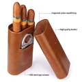 High Quality 3-Finger Humidors Portable Cigar Box Brown Cigar Leather Case with Cigar Cutter