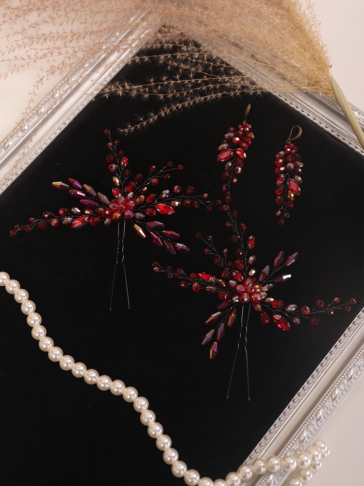 Bohe Red Black Bridal Headwear Crystal Hair pin and Earrings set Bride hair jewelry hat female wedding hair accessories