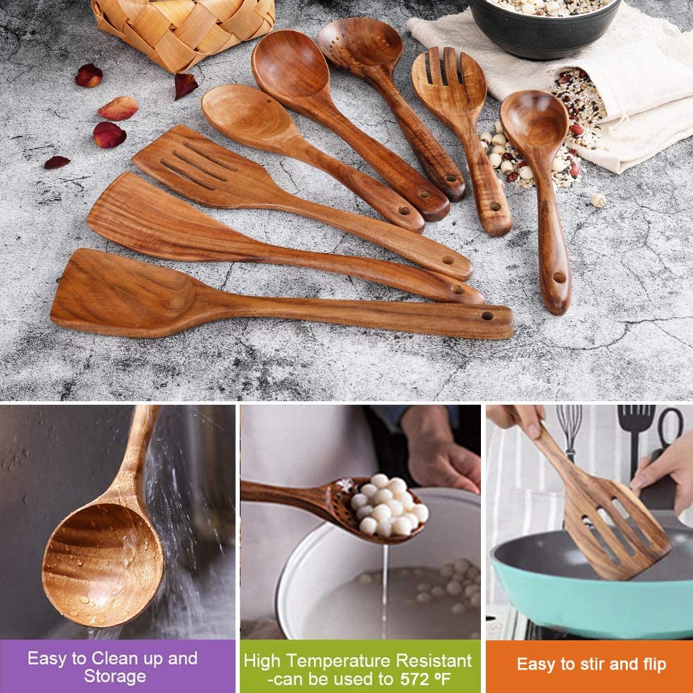 Wooden Spoons for Cooking Nonstick Kitchen Spoons Cooking Utensil Set Non Scratch Natural Teak Wooden Kitchen Tools