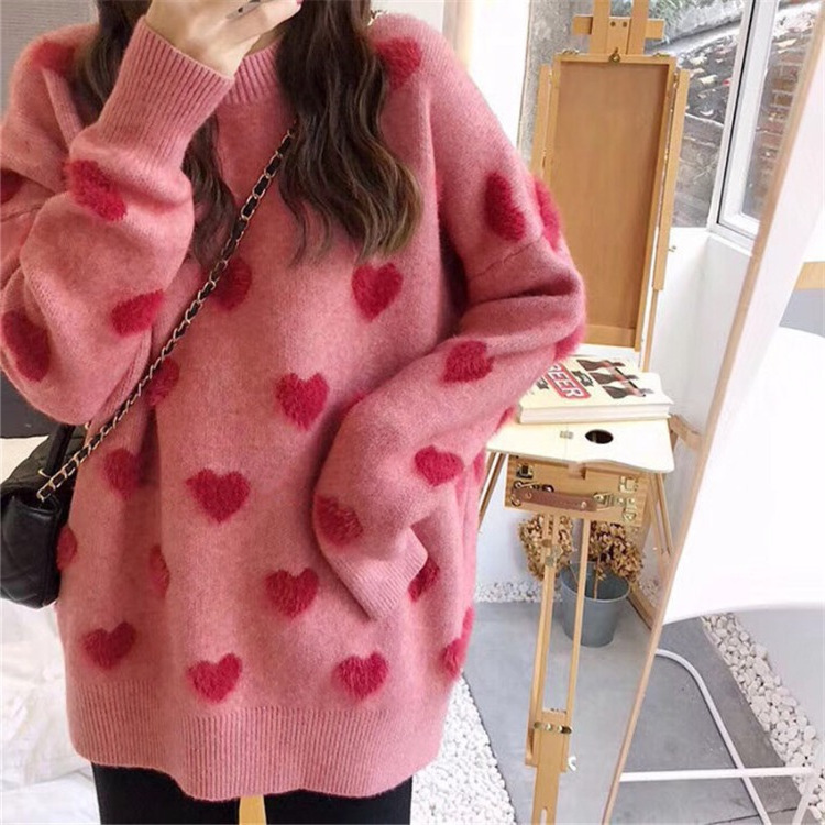 Autumn and winter new loose wild sweet peach heart mink wool sweater women's small fresh pullover sweater