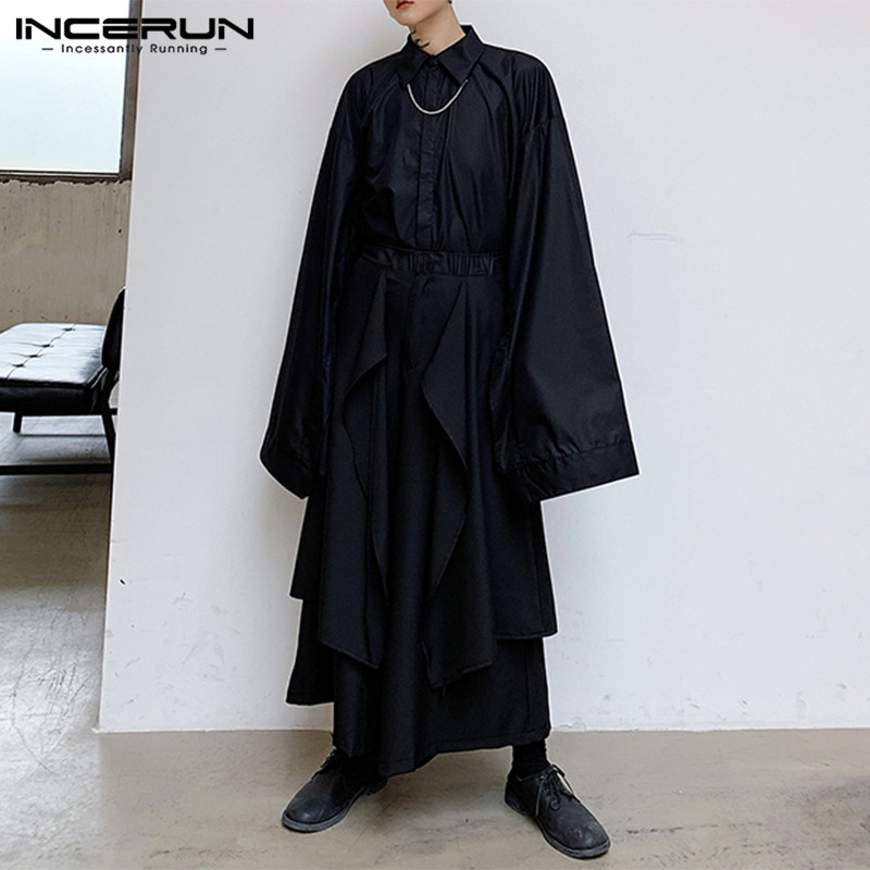 INCERUN 2020 Fashion Men Wide Leg Pants Solid Color Elastic Waist Irregular Skirts Trousers Punk Black Joggers Casual Streetwear