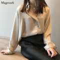 Spring Autumn Blouses Women Long Sleeve Casual Solid Loose Satin Blouse Women Vintage V-neck Cardigan Button Shirt Tops 5273 50