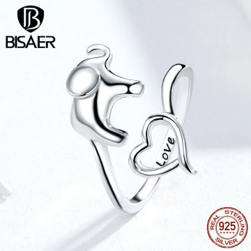 BISAER 100% 925 Sterling Silver Love Elephant Finger Rings for Women Elephant in Heart Rings Love Animal Jewelry Anel ECR585