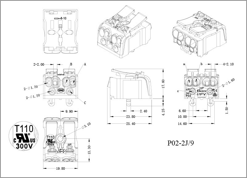 2 pins fast connection push wire connector