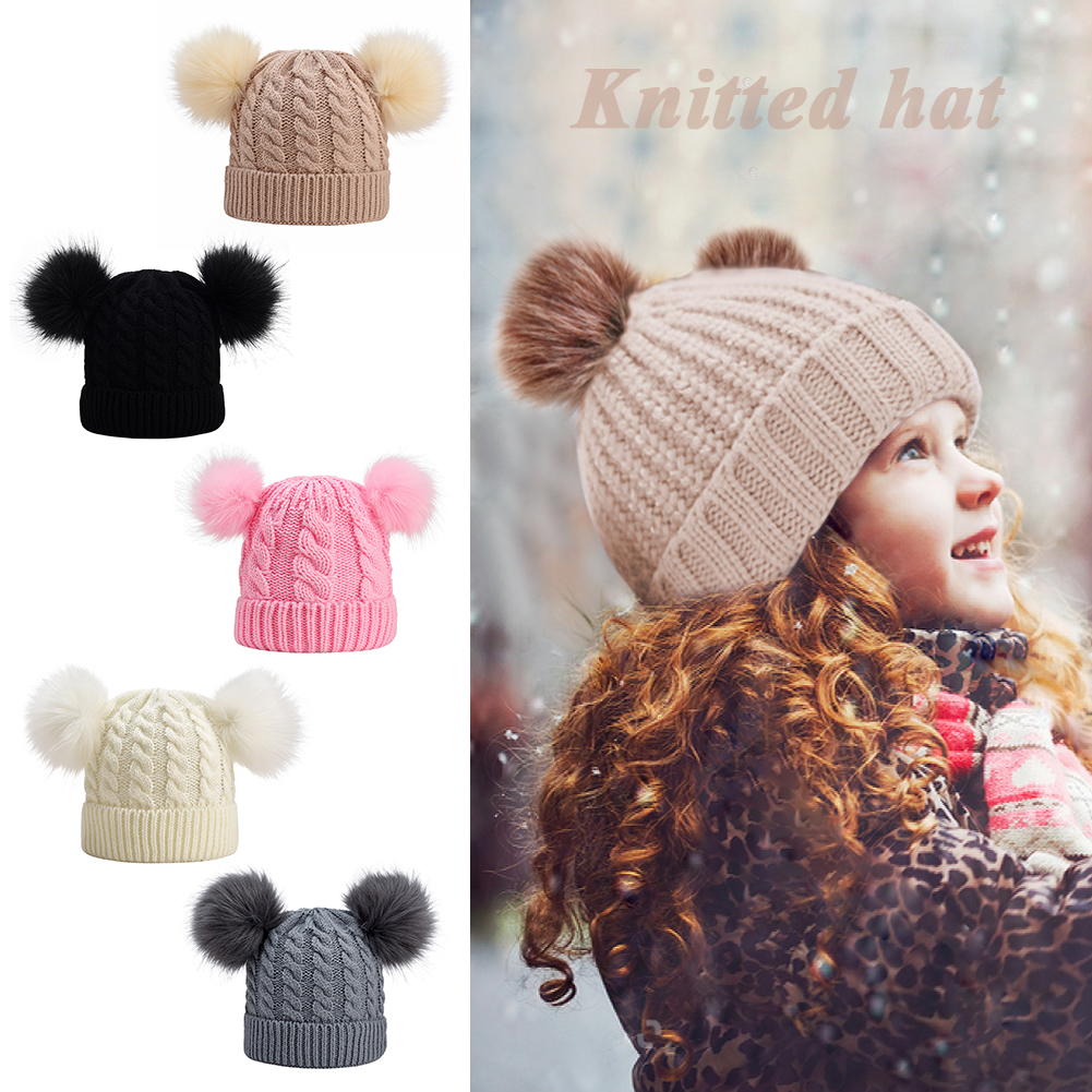 Baby Beanies Hats Children Knitted Pompon Winter Autumn Cute Cap For Girls Boys Casual Solid Color Warm Girl Hat With Two Balls