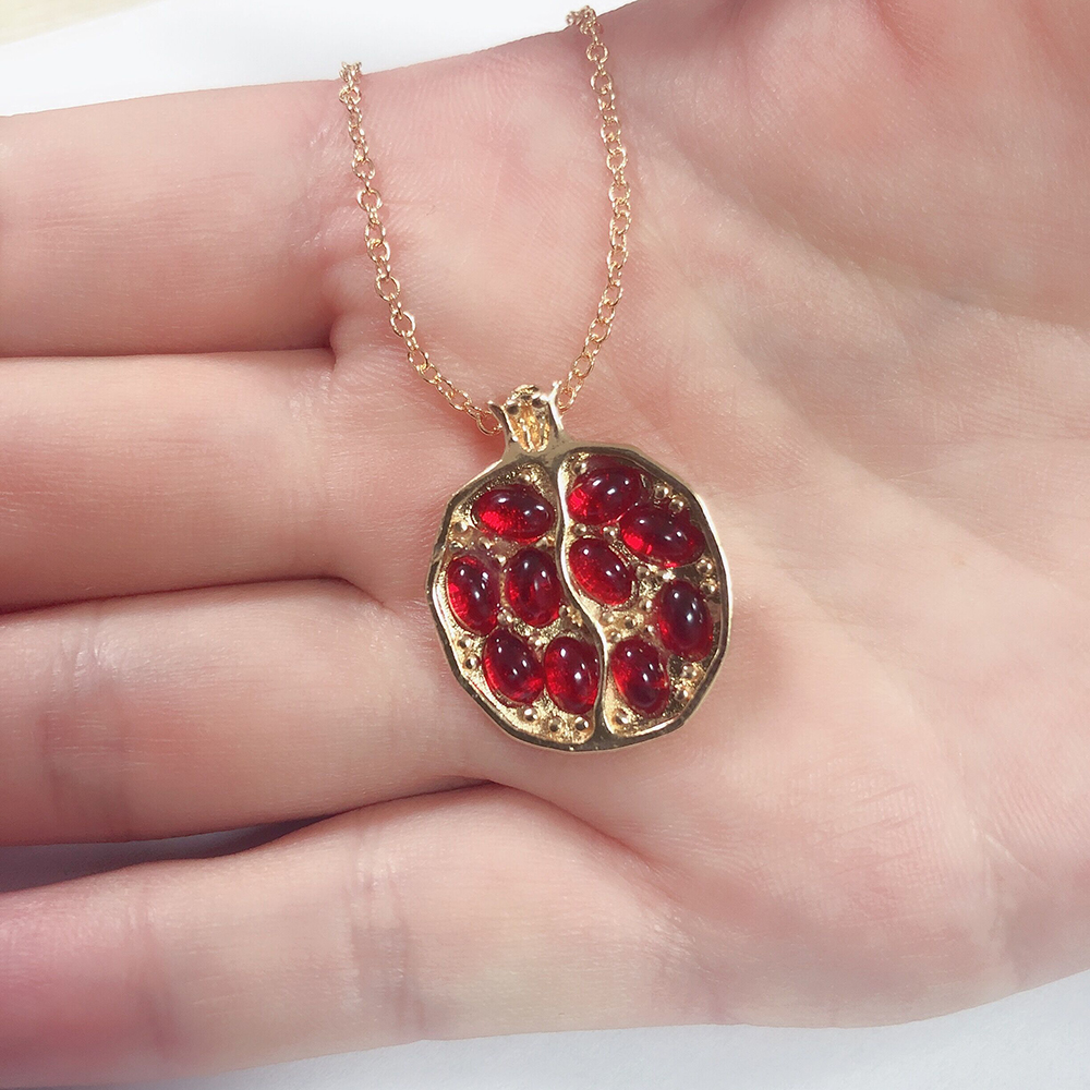 Vintage Fruit Fresh Red Garnet Earrings Pendant Necklace Gold Color Resin Stone Pomegranate Jewelry Gift For Women Gifts P5M269