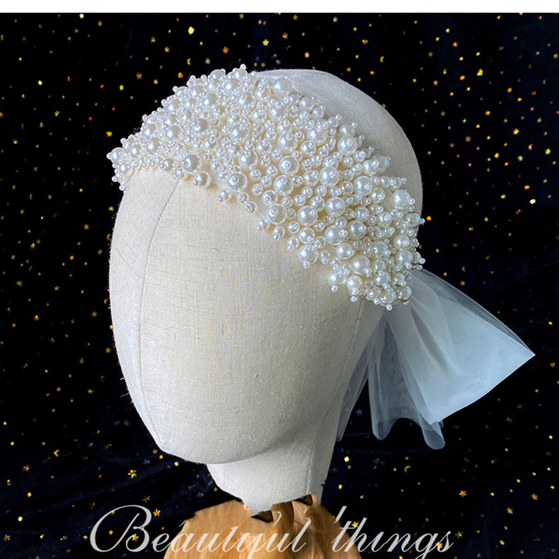 Romantic Pearls Headband Wedding Headdress Hat Yarn Accessories for Women Elegant Pearl Headpiece Headwear Bridal Hair Jewelry