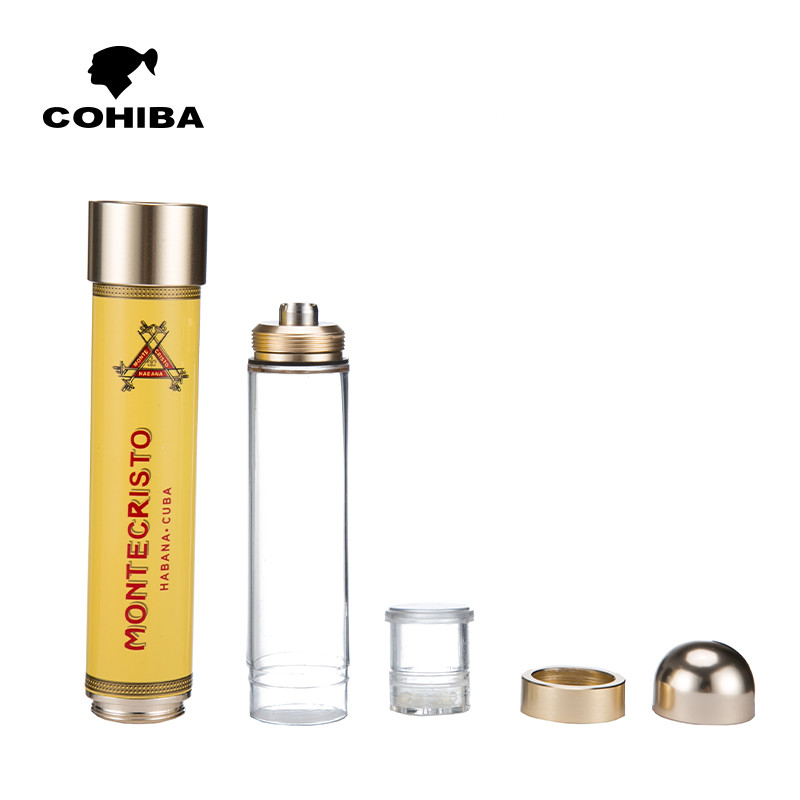 Original COHIBA Smoking Gadgets Adjust Length Cigar Tube Mini Jar Quality Travel Humidor W/ Cigar Punch Humidifier Gift Box