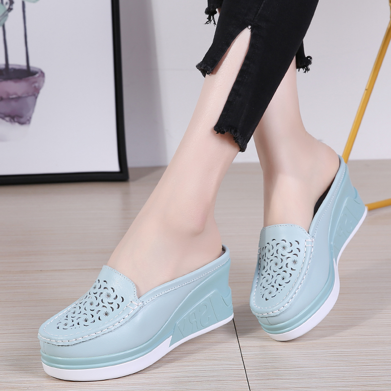 Summer Women Platform Slipper Floral Flats Breathable Leather Casual Shoes Slip-on Comfortable Nurses Shoes Wedges Sandals
