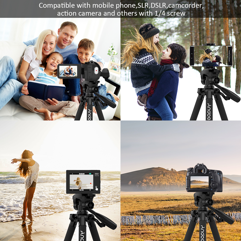 Andoer TTT-663N Travel Camera Tripod for Photography Video Shooting DSLR SLR Camcorder with Carry Bag Phone Clamp Camera Tripod