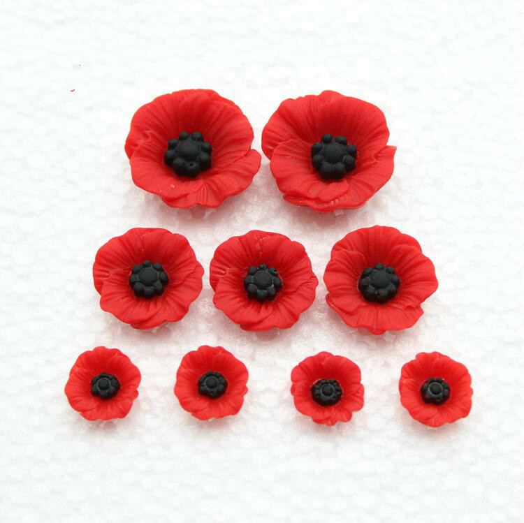 200pcs Chic Resin Red Poppy Flower Artificial Flower Flatback Embellishment Cabochons Cap for home decor 19mm display