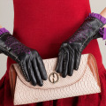 Winter Genuine Leather Gloves Women Lengthen Wrist Openwork Fashion Evening Party Gloves Lady Slim Hand Black Warm Mitten AGD532