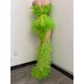 Sexy Crystal See Through Mesh Mermaid Dress Lady Halter Perspective Party Feathers Dress Women Singer Bodycon Evening Long Dress