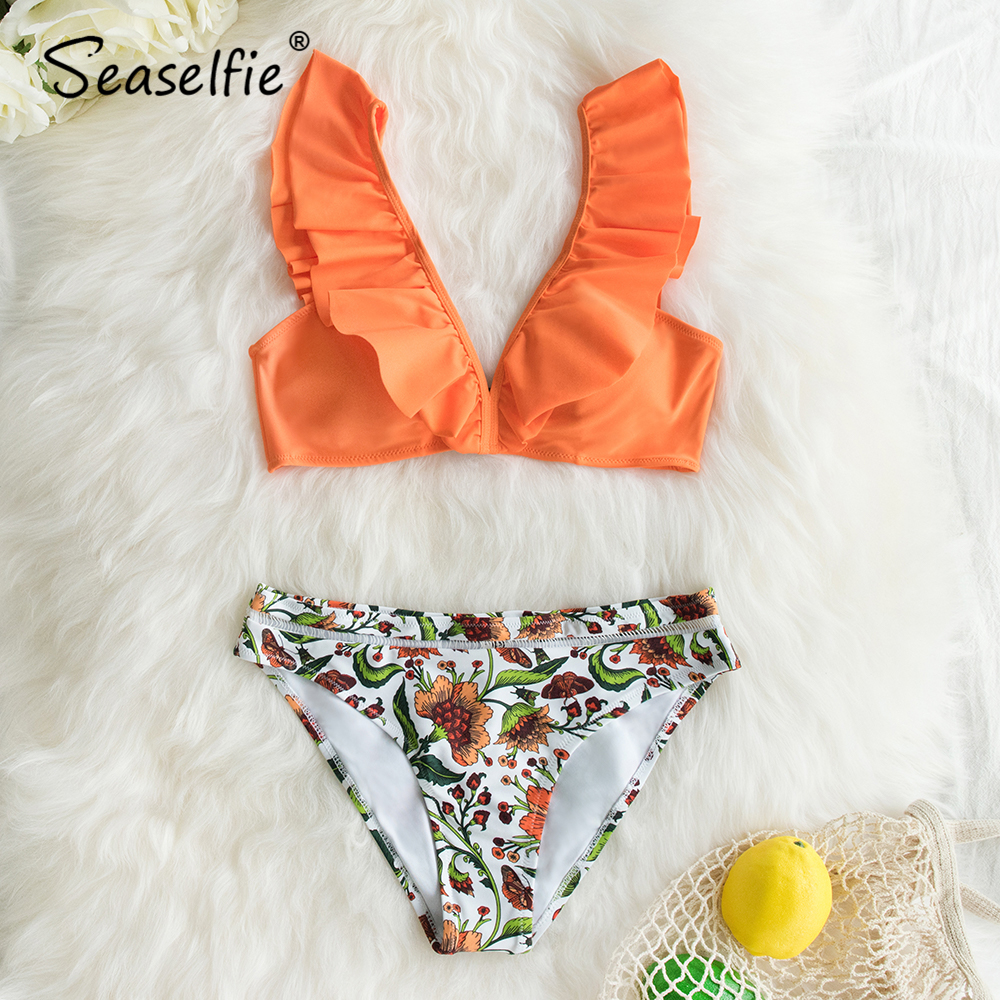 SEASELFIE 2021 Sexy Low-waist Bikinis Set Swimwear Women Swimsuits Bathing Suit Biquini Orange Floral Ruffled Bikini Beachwear