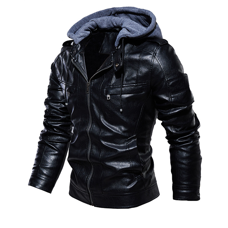 Mens Jacket PU Leather Jacket Men Hooded Coat Fur Lined Motorcycle Jacket Fashion Coat Autumn Winter Coat Plus Size 4XL 5XL