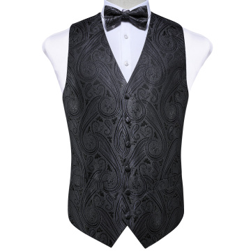 V-neck Men Black Paisley Suit Vests Silk Waistcoat Formal Floral Vest BowTies Cufflinks Pocket Square Set Male Gift J-119 Dobby