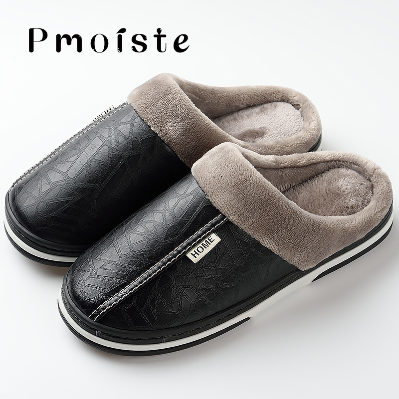 Men slippers leather winter warm house slippers waterproof 2020 anti dirty plush male slippers non-slip plus size 7.5-16