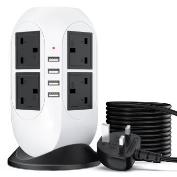 Power Strip Tower 4 USB Ports 8 Way Outlets Charging Station 5M/16.4ft Bold Extension Cord 2500W 10A 250V Charger Socket Tower