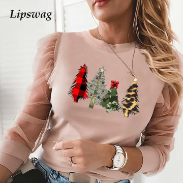 Women Elegant Santa Claus Christmas Tree Blouse Shirts Casual O-Neck Mesh Ruffles Pullovers Tops Ladies Fashion Hollow Out Blusa