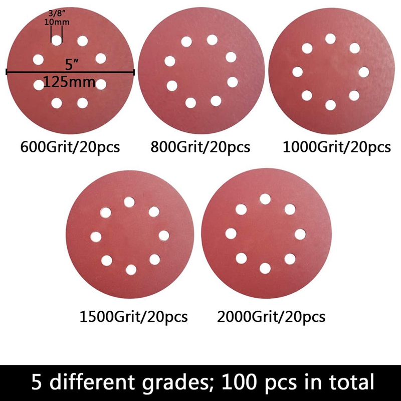 100 PCS 5 Inch 8 Holes Hook and Loop Sanding Disc Sandpaper, 20 Pcs Each of 600 800 1000 1500 2000 Grits Sand Paper for Ran T