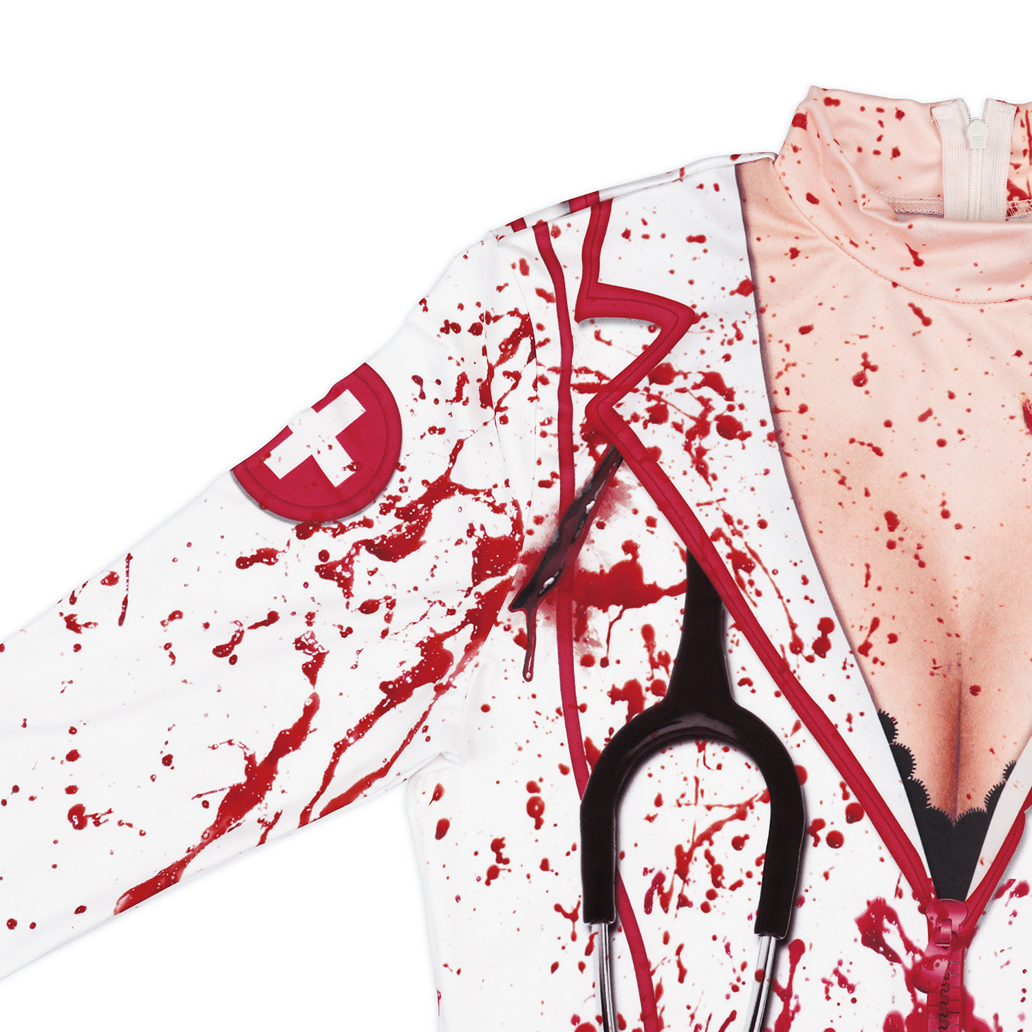 Ladies Halloween Party Horror Costumes Bloody Nurse Zombie Dress Cosplay Sexy Ladies Round Neck Long Sleeve Pack Hip Dress