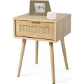 Modern Nightstand End Table with 2 Rattan Drawers,Side Table Wood Accent Table with Storage for Bedroom Living Room