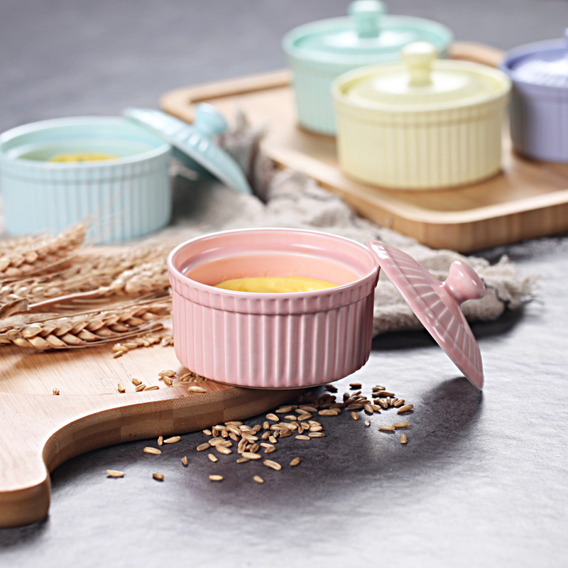 Colour Ceramics Children Small Steamed Egg Soup Bowl With Cover Lid Kids Tableware Ramekin Pudding Container Baking MINI Pot
