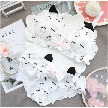 Japanese Lolita Underwear Set Cute Printed Cat Claw Comfortable Rimless Women's Intimates Bra and Panty Set Sweet Girl Student