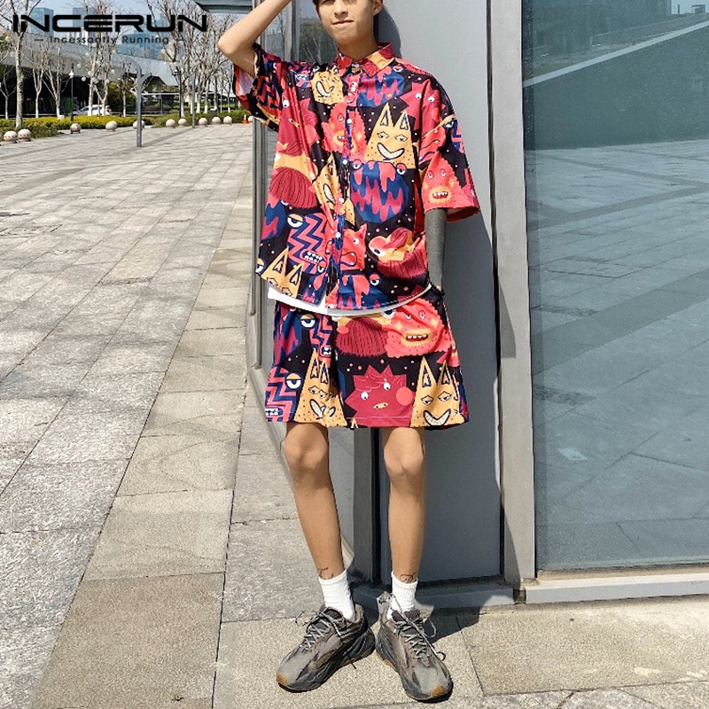 INCERUN Fashion Men Hawaiian Sets Printed Loose 2020 Short Sleeve Lapel Shirt & Shorts Streetwear Summer Casual Chic Men's Suits