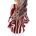 Fashion Women Cold Off Shoulder Stripe Loose Tops Butterfly Short Sleeve O-neck Summer Casual Baggy Tie Knot Blouse Shirt