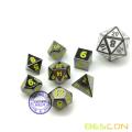 Bescon 10MM Mini Solid Metal Dice Set Glossy Black with Yellow Numbers, Mini Metallic Polyhedral D&D RPG Miniature Dice 7-sets