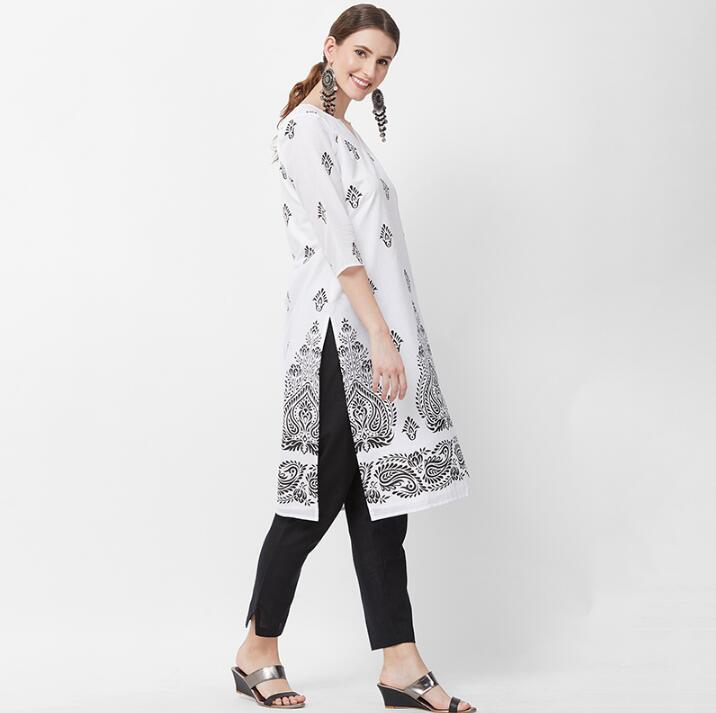 Woman Fashion Ethnic India Styles Printing Sets Cotton New India Kurtas Three Quarter Sleeves Long Thin Top