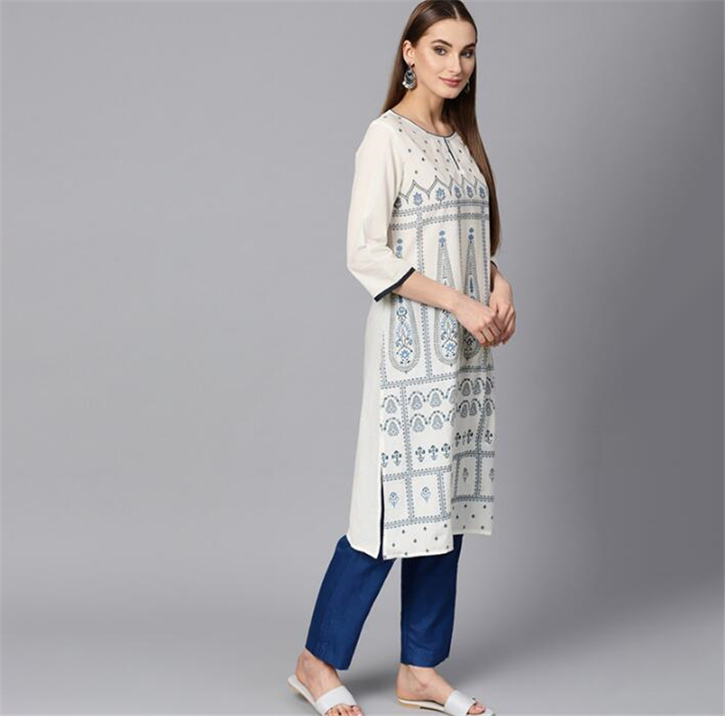 India Fashion Kurtas Woman Ethnic Styles Print Cotton Dress Three Quarter Sleeve Costume Elegent Lady Spring Summer Top