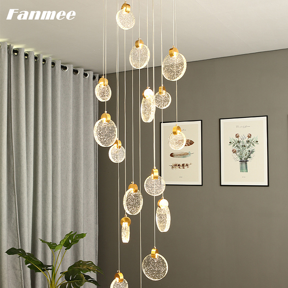 Nordic Round Pendant Hanging Lamp LED Bubble Crystal Modern Chandelier Light Art Deco Light Fixture for Loft Staircase Villa